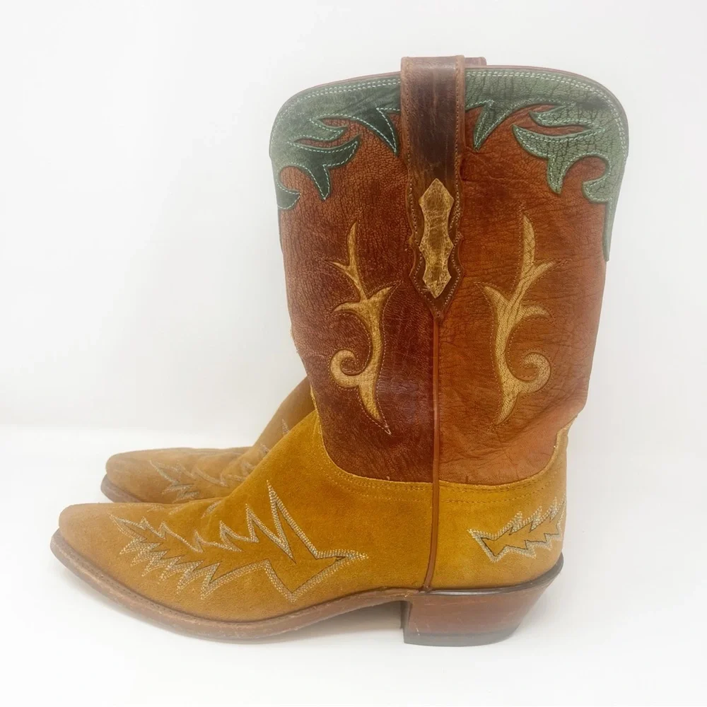 Lucchese Boots Green Suede Snip Toe Western Cowgirl - Picture 5 of 12